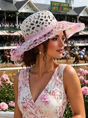 Vintage Pink & White Wide Brimmed Derby Hat